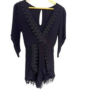 AMBIANCE Romper with Lace Size Small Deep V Neck Keyhole Back Angled Sleeves
